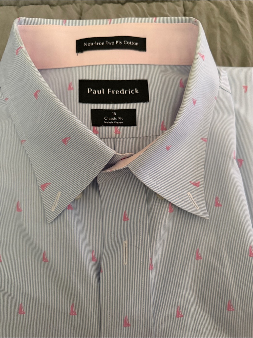 Paul Fredrick Light Blue Stripe Dress Shirt with Pink Sailboat Motif